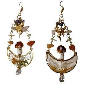 Mushroom Fairy Earrings Gemstone Statement Cottagecore Nature Boho Healing NEW